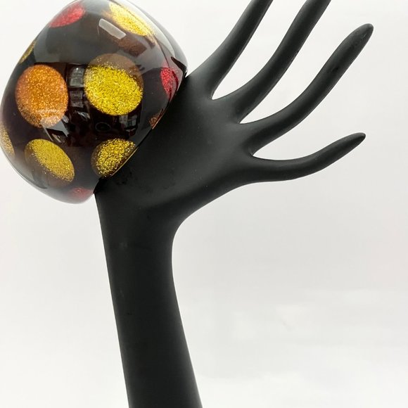 LUCITE POLKA DOT BANGLE BRACELET, CHUNKY DARK BROWN COPPER RED, CITRINE GLITTER - Picture 4 of 8